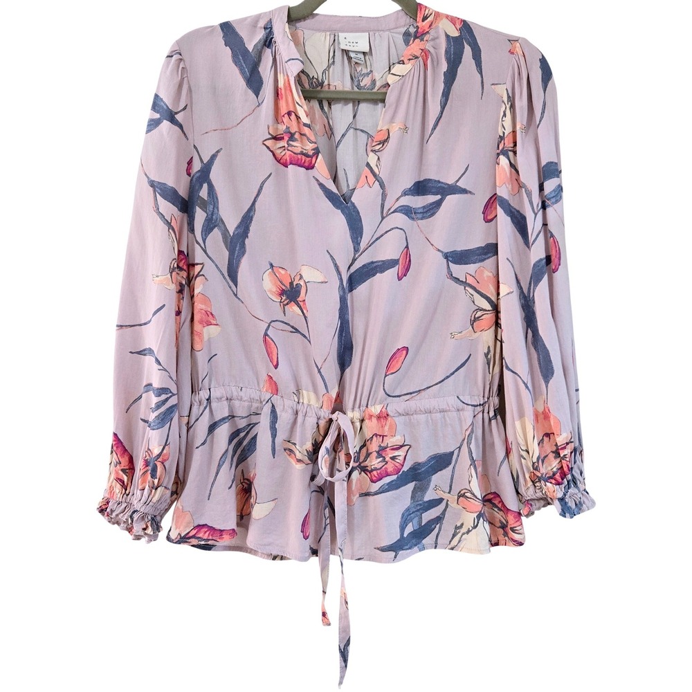 A New Day Floral Peplum Blouse Lavender Purple Drawstring Waist Balloon Sleeve M